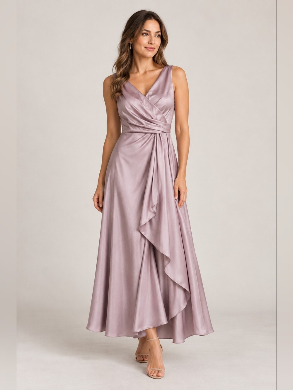 Taylor Women's Size 10 Mauve Satin Dress Sleeveless Draped Formal Midi